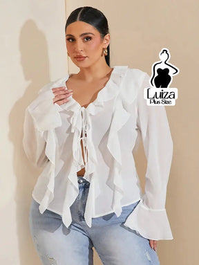 Blusa Elegante Babados Amarração Frontal Plus Size Branco / G Blusa Elegante Babados Amarração Frontal Plus Size