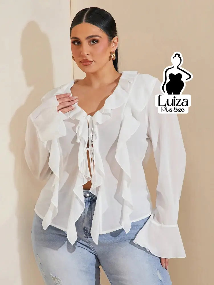Blusa Elegante Babados Amarração Frontal Plus Size Branco / G Blusa Elegante Babados Amarração Frontal Plus Size