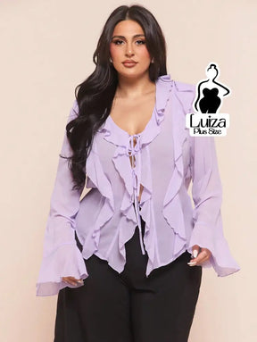 Blusa Elegante Babados Amarração Frontal Plus Size Lavanda / G Blusa Elegante Babados Amarração Frontal Plus Size