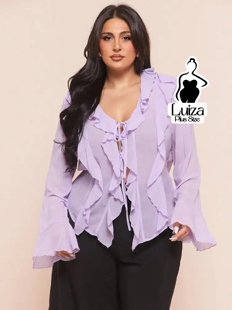 Blusa Elegante Babados Amarração Frontal Plus Size Lavanda / G Blusa Elegante Babados Amarração Frontal Plus Size