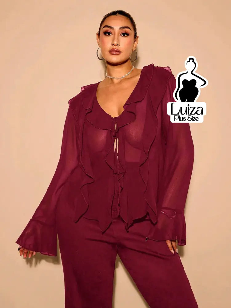 Blusa Elegante Babados Amarração Frontal Plus Size Vinho / G Blusa Elegante Babados Amarração Frontal Plus Size
