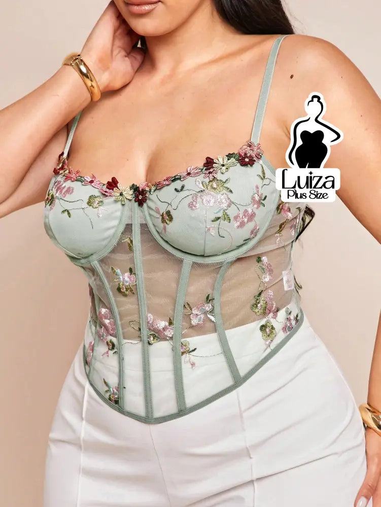 Blusa Estruturada Bordado Floral Transparência Plus Size Blusa Estruturada Bordado Floral Transparência Plus Size