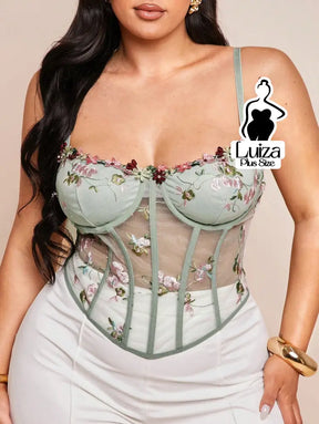 Blusa Estruturada Bordado Floral Transparência Plus Size Verde Claro / G Blusa Estruturada Bordado Floral Transparência