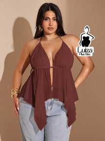 Blusa Halter Decotada Tecido Leve Caimento Solto Plus Size Marrom / G Blusa Halter Decotada Tecido Leve Caimento Solto