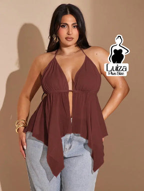 Blusa Halter Decotada Tecido Leve Caimento Solto Plus Size Marrom / G Blusa Halter Decotada Tecido Leve Caimento Solto