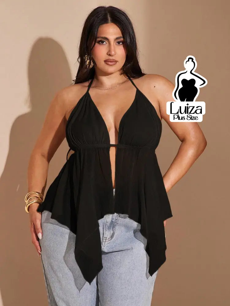 Blusa Halter Decotada Tecido Leve Caimento Solto Plus Size Preto / G Blusa Halter Decotada Tecido Leve Caimento Solto