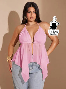 Blusa Halter Decotada Tecido Leve Caimento Solto Plus Size Rosa / G Blusa Halter Decotada Tecido Leve Caimento Solto