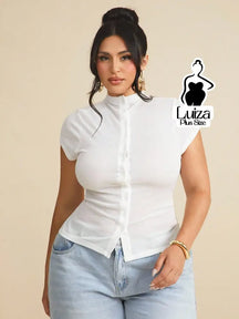 Blusa Manga Curta Gola Alta Botões Frontais Plus Size Branco / G Blusa Manga Curta Gola Alta Botões Frontais Plus Size