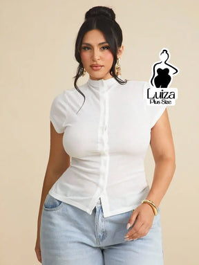 Blusa Manga Curta Gola Alta Botões Frontais Plus Size Branco / G Blusa Manga Curta Gola Alta Botões Frontais Plus Size