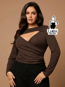 Blusa Manga Longa Canelada Decote Vazado Plus Size Marrom Café / G Blusa Manga Longa Canelada Decote Vazado Plus Size