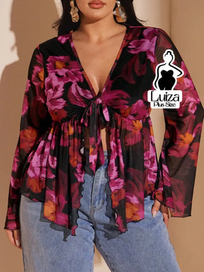 Blusa Manga Longa Floral Transparente Amarração Plus Size Blusa Manga Longa Floral Transparente Amarração Plus Size