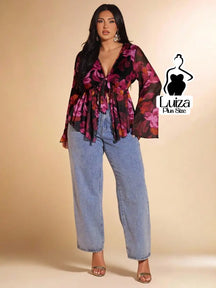 Blusa Manga Longa Floral Transparente Amarração Plus Size Roxo Escuro / G Blusa Manga Longa Floral Transparente