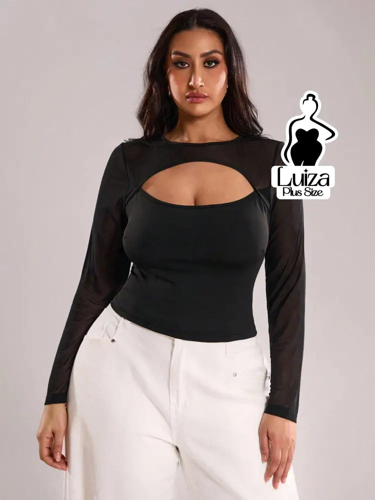 Blusa Manga Longa Tule Recorte Vazado Moderno Plus Size Blusa Manga Longa Tule Recorte Vazado Moderno Plus Size