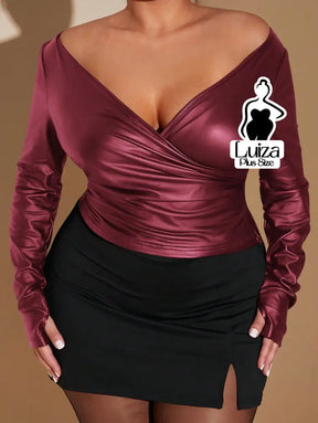 Blusa Ombro A Ombro Cetim Manga Longa Elegante Plus Size Blusa Ombro A Ombro Cetim Manga Longa Elegante Plus Size