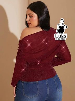 Blusa Ombro A Ombro Lurex Brilhante Drapeada Plus Size Blusa Ombro A Ombro Lurex Brilhante Drapeada Plus Size