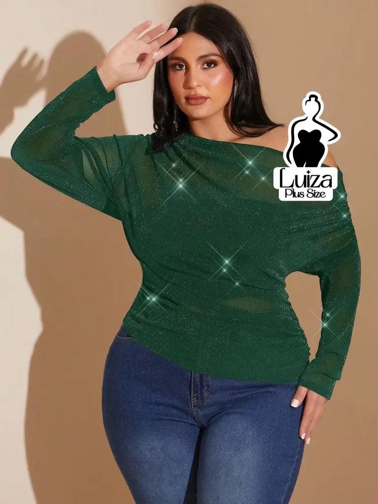 Blusa Ombro A Ombro Lurex Brilhante Drapeada Plus Size Blusa Ombro A Ombro Lurex Brilhante Drapeada Plus Size