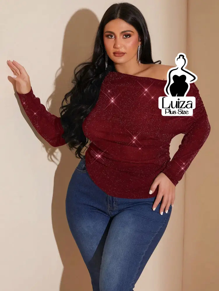 Blusa Ombro A Ombro Lurex Brilhante Drapeada Plus Size Blusa Ombro A Ombro Lurex Brilhante Drapeada Plus Size