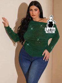 Blusa Ombro A Ombro Lurex Brilhante Drapeada Plus Size Verde Escuro / G Blusa Ombro A Ombro Lurex Brilhante Drapeada