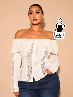 Blusa Ombro A Ombro Renda Manga Longa Babado Plus Size Blusa Ombro A Ombro Renda Manga Longa Babado Plus Size