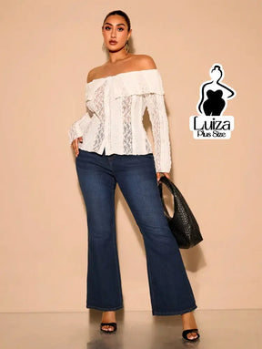 Blusa Ombro A Ombro Renda Manga Longa Babado Plus Size Branco / G Blusa Ombro A Ombro Renda Manga Longa Babado Plus Size