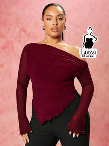 Blusa Ombro A Ombro Tule Drapeado Assimétrica Plus Size Vinho / G Blusa Ombro A Ombro Tule Drapeado Assimétrica Plus