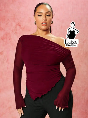 Blusa Ombro A Ombro Tule Drapeado Assimétrica Plus Size Vinho / G Blusa Ombro A Ombro Tule Drapeado Assimétrica Plus