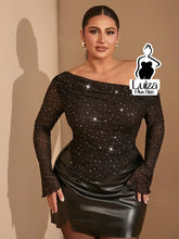 Blusa Ombro A Ombro Tule Manga Longa Brilho Plus Size Preto / G Blusa Ombro A Ombro Tule Manga Longa Brilho Plus Size