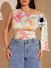 Blusa Ombro Só Estampada Floral Detalhe Amarração Plus Size Bege / G Blusa Ombro Só Estampada Floral Detalhe Amarração