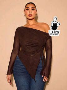 Blusa Ombro Só Manga Longa Tule Barra Assimétrica Plus Size Marrom / G Blusa Ombro Só Manga Longa Tule Barra