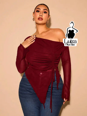 Blusa Ombro Só Manga Longa Tule Barra Assimétrica Plus Size Vinho / G Blusa Ombro Só Manga Longa Tule Barra Assimétrica