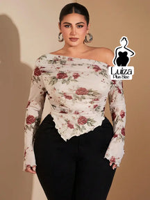 Blusa Ombro Só Tule Barra Assimétrica Degradê Plus Size Branco / G Blusa Ombro Só Tule Barra Assimétrica Degradê Plus