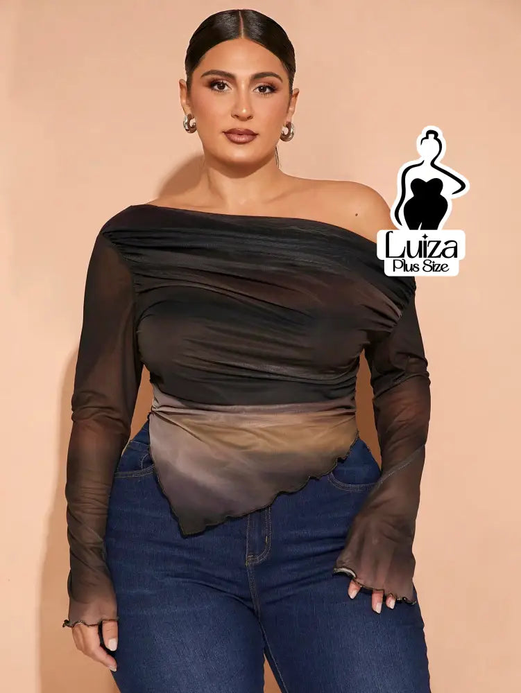 Blusa Ombro Só Tule Barra Assimétrica Degradê Plus Size Multicolorido / G Blusa Ombro Só Tule Barra Assimétrica Degradê