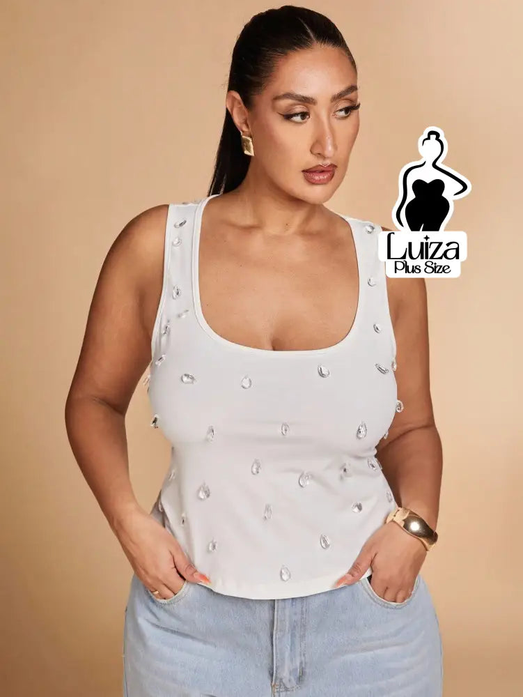Blusa Regata Alças Largas Pedrarias Aplicadas Plus Size Branco / G Blusa Regata Alças Largas Pedrarias Aplicadas Plus