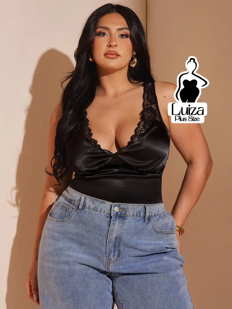 Blusa Regata Cetim Renda Decote Elegante Plus Size Blusa Regata Cetim Renda Decote Elegante Plus Size