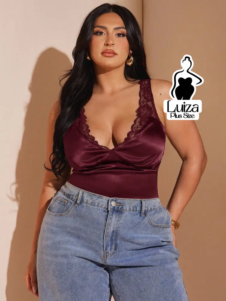 Blusa Regata Cetim Renda Decote Elegante Plus Size Blusa Regata Cetim Renda Decote Elegante Plus Size