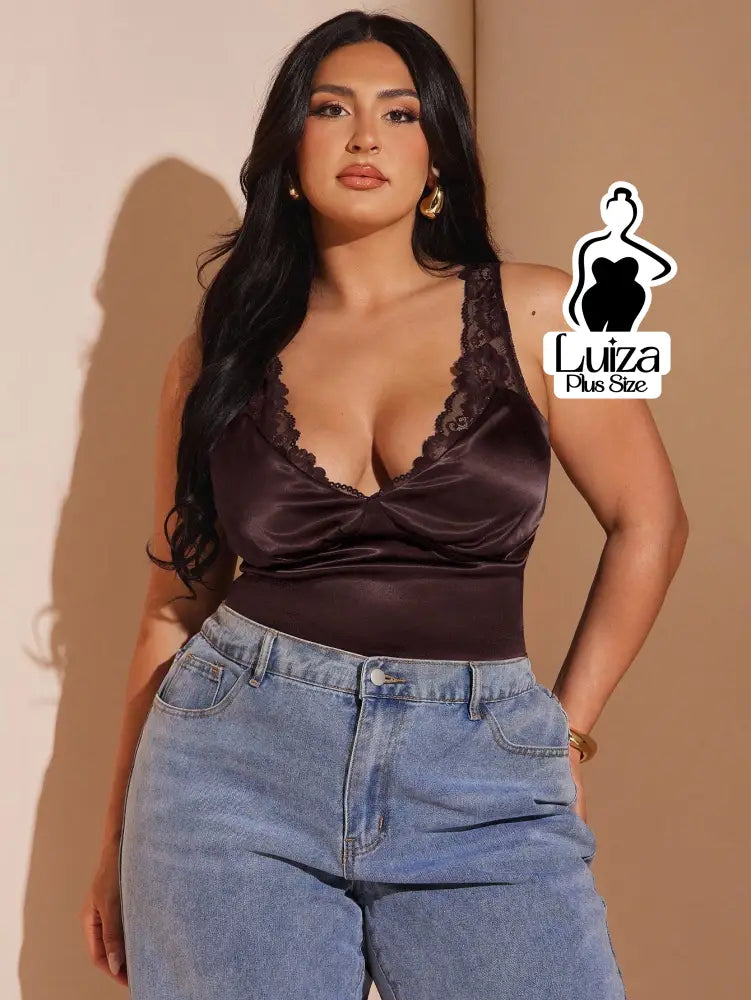 Blusa Regata Cetim Renda Decote Elegante Plus Size Blusa Regata Cetim Renda Decote Elegante Plus Size