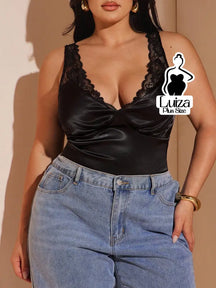 Blusa Regata Cetim Renda Decote Elegante Plus Size Preto / G Blusa Regata Cetim Renda Decote Elegante Plus Size