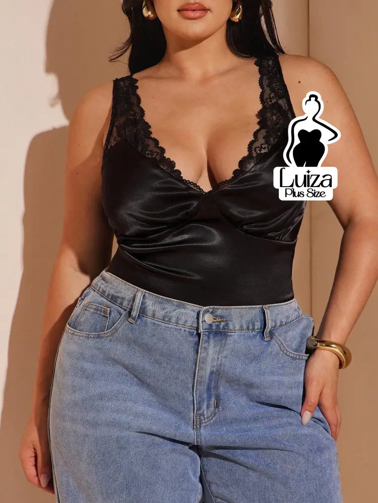 Blusa Regata Cetim Renda Decote Elegante Plus Size Preto / G Blusa Regata Cetim Renda Decote Elegante Plus Size