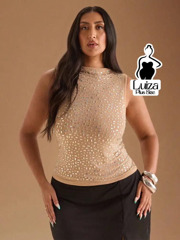 Blusa Regata Gola Alta Paetês Espelhados Plus Size Blusa Regata Gola Alta Paetês Espelhados Plus Size