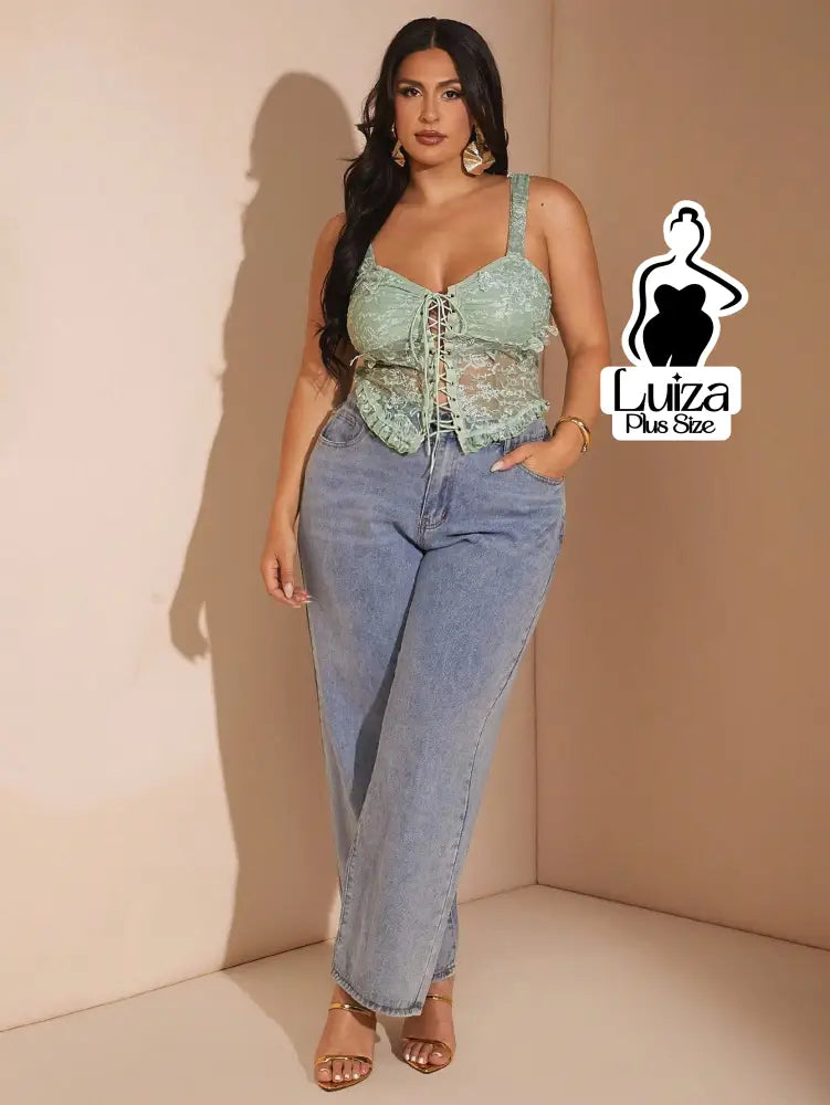 Blusa Renda Alças Largas Amarração Frontal Plus Size Blusa Renda Alças Largas Amarração Frontal Plus Size