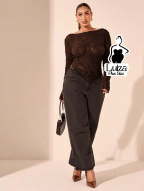 Blusa Renda Transparente Manga Longa Ajustada Plus Size Blusa Renda Transparente Manga Longa Ajustada Plus Size