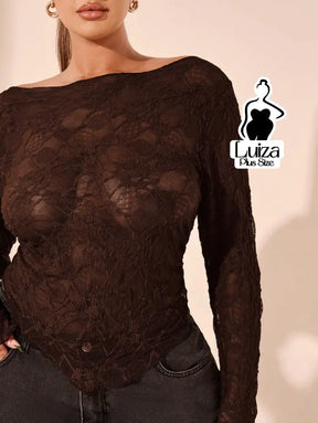 Blusa Renda Transparente Manga Longa Ajustada Plus Size Blusa Renda Transparente Manga Longa Ajustada Plus Size