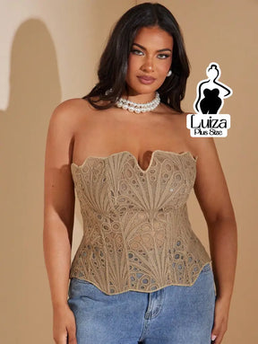 Blusa Tomara Que Caia Renda Recortes Vazados Plus Size Caqui / G Blusa Tomara Que Caia Renda Recortes Vazados Plus Size