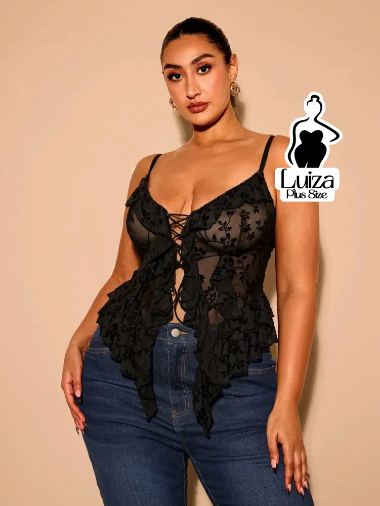 Blusa Tule Bordada Amarração Frontal Babados Plus Size Blusa Tule Bordada Amarração Frontal Babados Plus Size