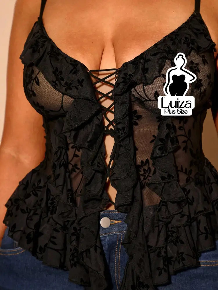 Blusa Tule Bordada Amarração Frontal Babados Plus Size Blusa Tule Bordada Amarração Frontal Babados Plus Size