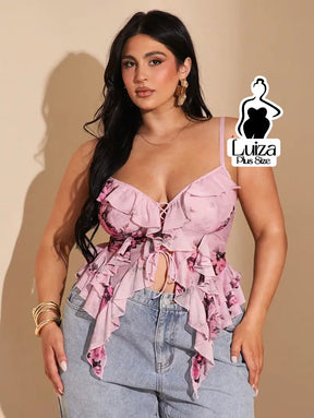 Blusa Tule Bordada Amarração Frontal Babados Plus Size Multicolorido / G Blusa Tule Bordada Amarração Frontal Babados