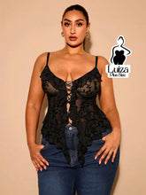 Blusa Tule Bordada Amarração Frontal Babados Plus Size Preto / G Blusa Tule Bordada Amarração Frontal Babados Plus Size