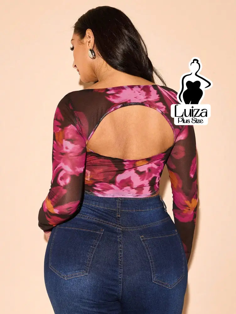 Blusa Tule Estampada Floral Decote Quadrado Plus Size Blusa Tule Estampada Floral Decote Quadrado Plus Size
