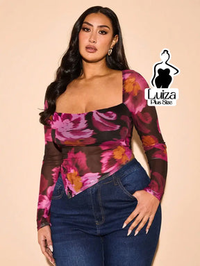 Blusa Tule Estampada Floral Decote Quadrado Plus Size Blusa Tule Estampada Floral Decote Quadrado Plus Size