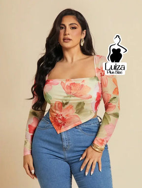 Blusa Tule Estampada Floral Decote Quadrado Plus Size Amarelo Claro / G Blusa Tule Estampada Floral Decote Quadrado